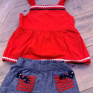 Gymboree Girls Patriotic USA flag Red Top & Chambray Shorts Set Size 6